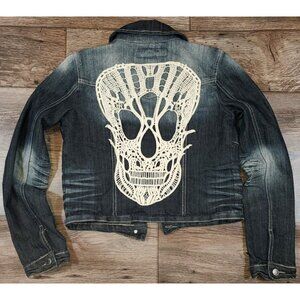 1st Kiss Distressed Stretch Denim Lace Skull Rockabilly Jean Jacket Juniors M